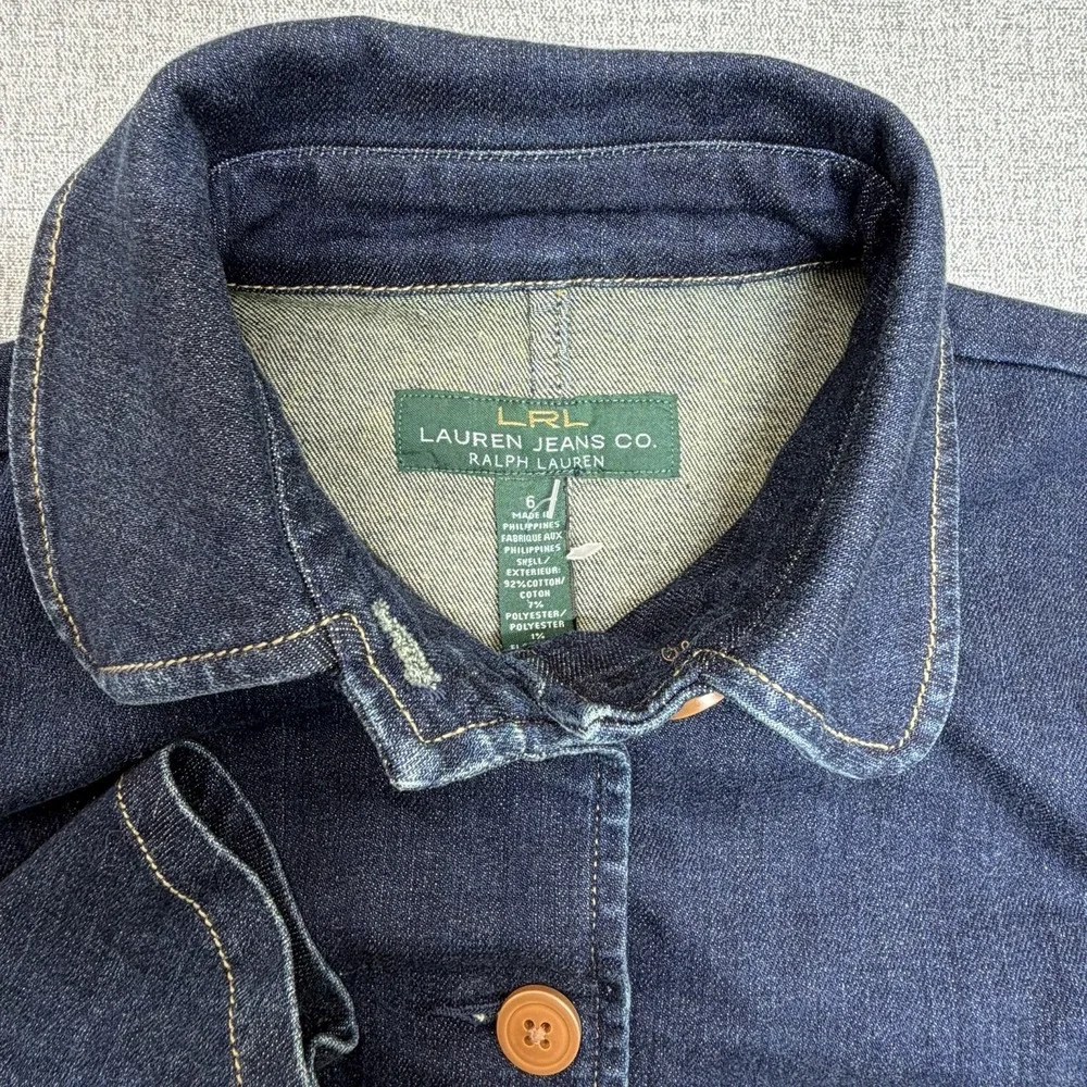 LRL Ralph Lauren Women's Denim Blazer Jacket Size L Blue Jean Stretch Button Up - Picture 3 of 11